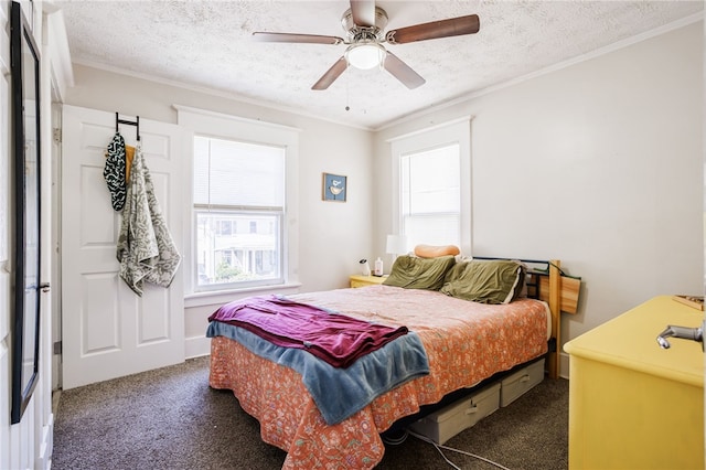bedroom with multiple windows, ornamental molding, and carpet floors