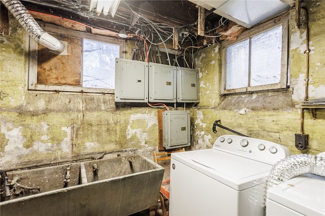 laundry room featuring electric panel, washing machine and dryer, laundry area, and a sink