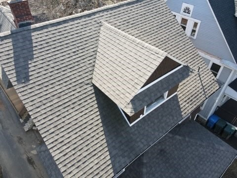 details featuring roof with shingles and a chimney