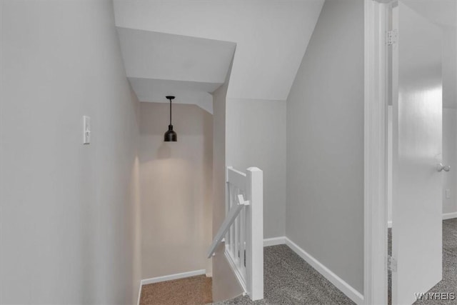stairs with baseboards, lofted ceiling, and carpet floors