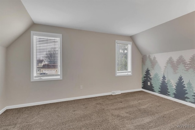 additional living space featuring carpet flooring, baseboards, and vaulted ceiling