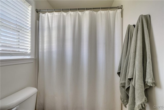 full bathroom with toilet and a shower with curtain