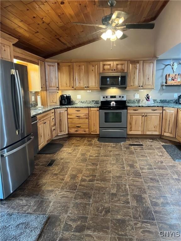 13832 County Route 91, Ellisburg, NY 13605 - kitchen featuring wood ceiling, a ceiling fan, lofted ceiling, and stainless steel appliances