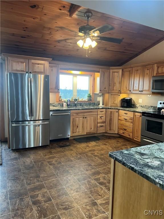 13832 County Route 91, Ellisburg, NY 13605 - kitchen featuring appliances with stainless steel finishes, a ceiling fan, dark stone counters, lofted ceiling, and wooden ceiling