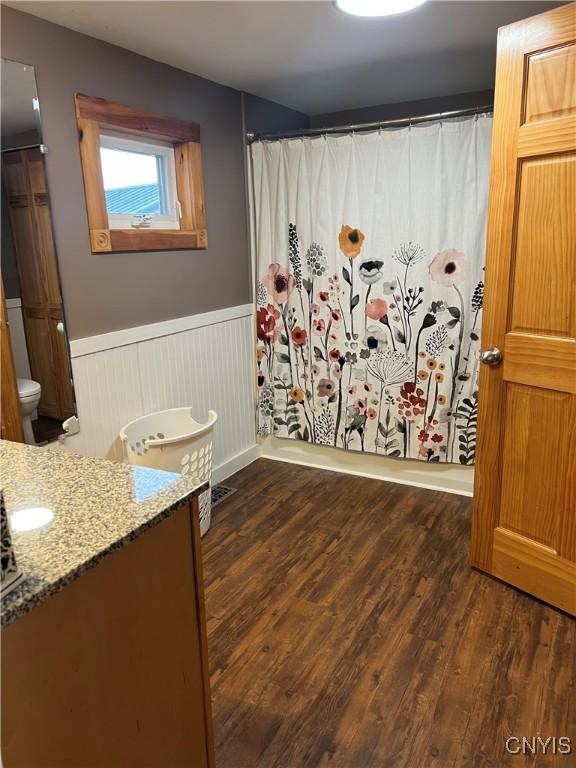 13832 County Route 91, Ellisburg, NY 13605 - full bathroom featuring a shower with shower curtain, toilet, vanity, wood finished floors, and a wainscoted wall