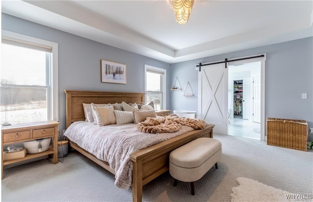 bedroom featuring light carpet, a barn door, a spacious closet, and a tray ceiling