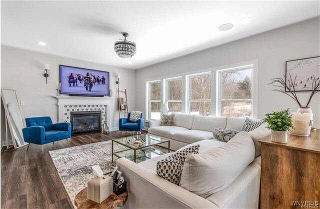 living area with a fireplace, wood finished floors, and recessed lighting
