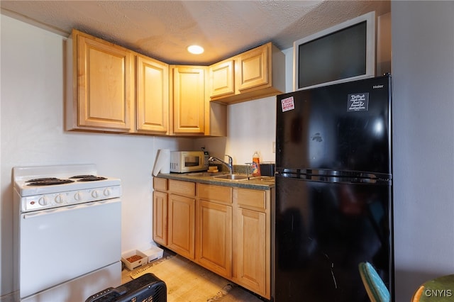 15-17A Vincent St, Champion, NY 13619 - kitchen featuring light brown cabinets, a sink, dark countertops, white appliances, and light wood-style flooring