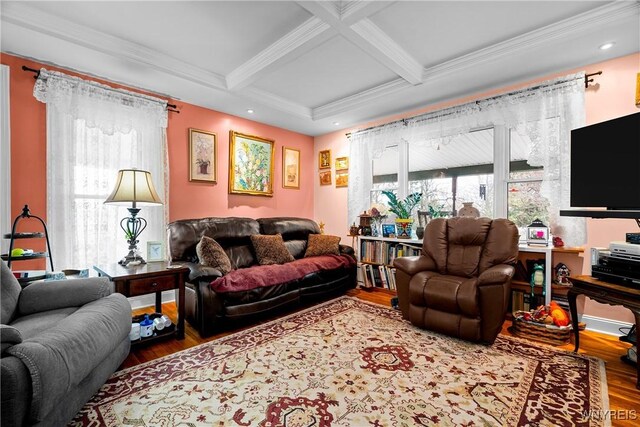 11400 Savage Rd, Sardinia, NY 14030 - living room with wood finished floors, beam ceiling, healthy amount of natural light, coffered ceiling, and recessed lighting