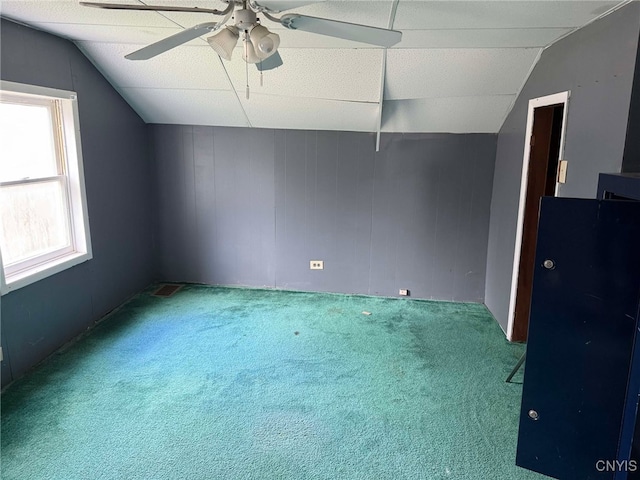 525 Bell Hill Rd, German Flatts, NY 13357 - interior space featuring vaulted ceiling, a ceiling fan, and carpet floors