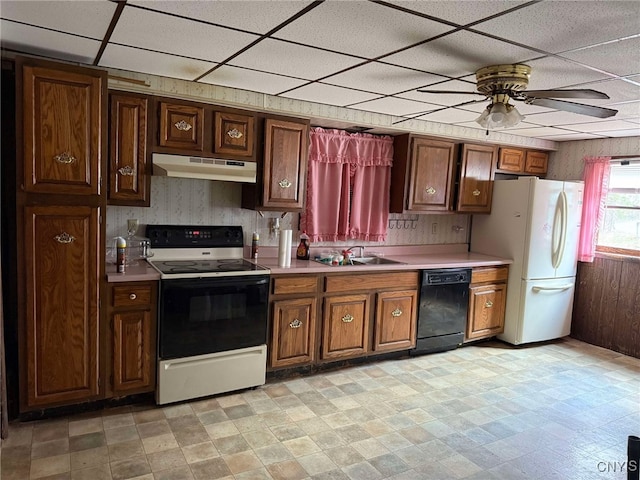 525 Bell Hill Rd, German Flatts, NY 13357 - kitchen featuring dishwasher, range with electric stovetop, a sink, freestanding refrigerator, and under cabinet range hood