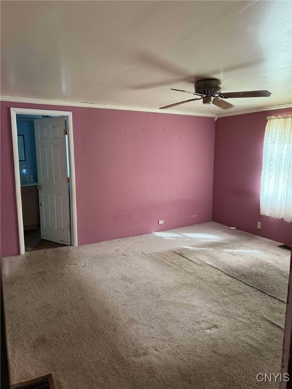 525 Bell Hill Rd, German Flatts, NY 13357 - carpeted spare room featuring crown molding, a ceiling fan, and visible vents