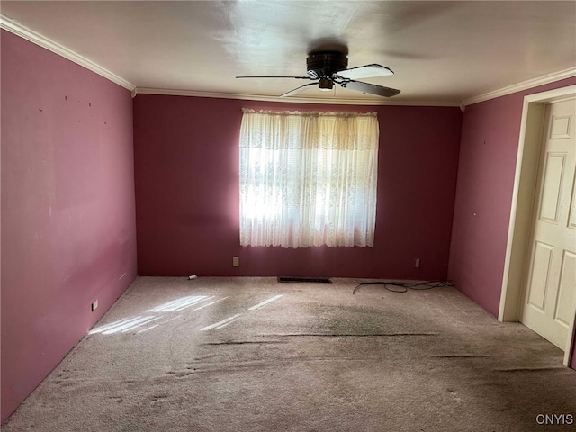 525 Bell Hill Rd, German Flatts, NY 13357 - carpeted spare room with visible vents, a ceiling fan, and crown molding
