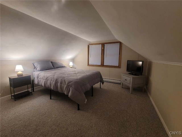 carpeted bedroom featuring a baseboard radiator, baseboards, and lofted ceiling