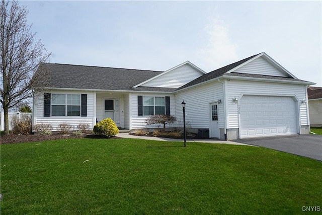 4828 Lighthouse Village Cir, Clay, NY 13088 - ranch-style house featuring a shingled roof, aphalt driveway, a garage, and a front yard