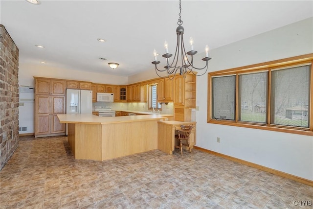 28 Wedgeworth Dr, West Monroe, NY 13167 - kitchen featuring white appliances, a chandelier, a peninsula, light countertops, and glass insert cabinets