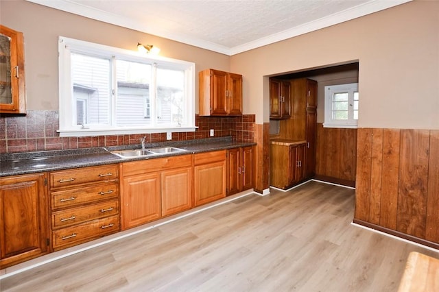 9 Renwood St, Rochester, NY 14621 - kitchen featuring brown cabinetry, light wood-type flooring, a sink, and dark countertops