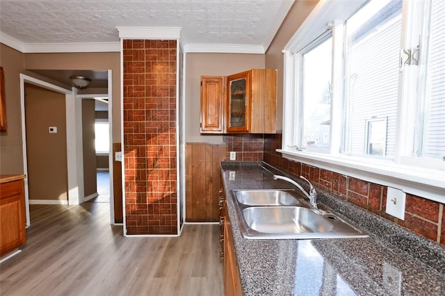 9 Renwood St, Rochester, NY 14621 - kitchen with brown cabinetry, light wood-type flooring, a sink, and a wealth of natural light