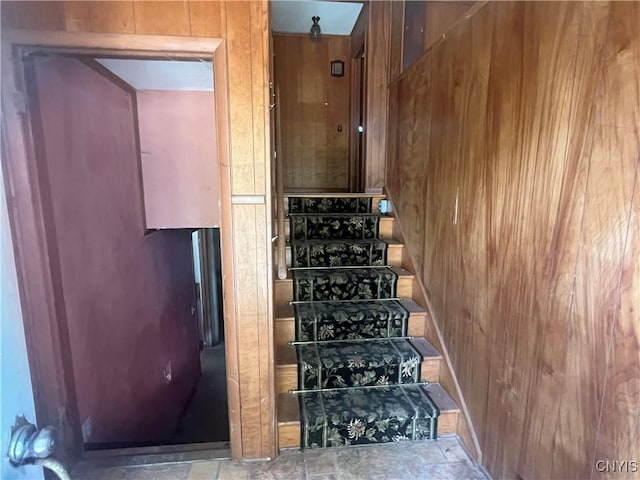 6449 W Scott Rd, Scott, NY 13077 - staircase featuring wood walls