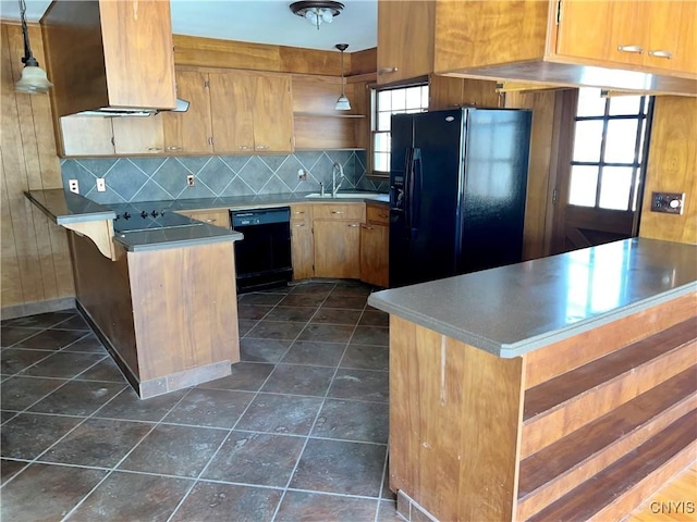 6449 W Scott Rd, Scott, NY 13077 - kitchen featuring black appliances, a peninsula, open shelves, backsplash, and a sink