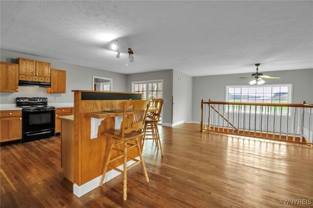 kitchen with dark wood finished floors, a wealth of natural light, a ceiling fan, under cabinet range hood, and black range with electric stovetop