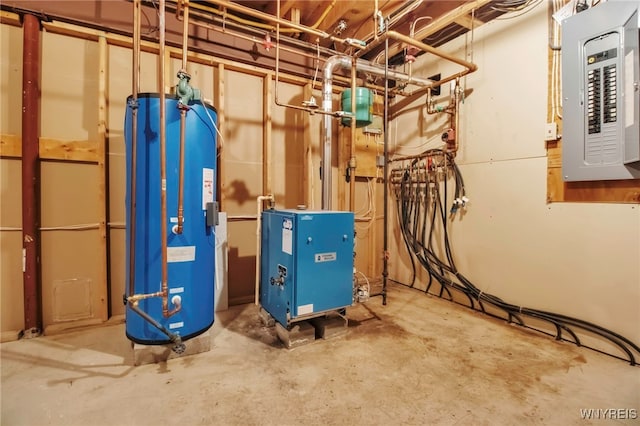 utility room with electric panel, water heater, and a heating unit