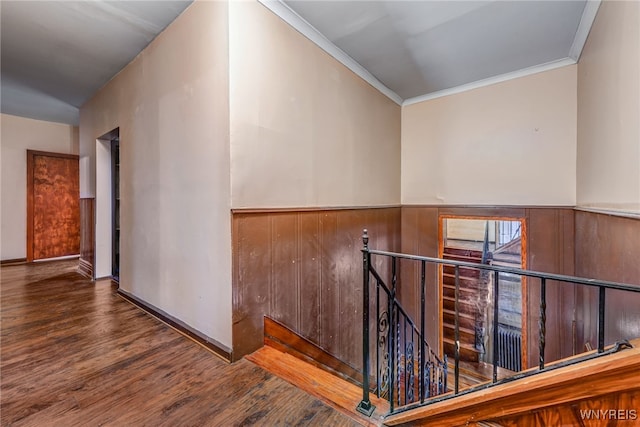 2300 Main St, Buffalo, NY 14214 - stairway featuring wood finished floors, crown molding, and wainscoting