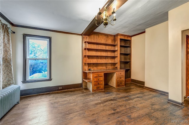 2300 Main St, Buffalo, NY 14214 - unfurnished office featuring crown molding, radiator, dark wood-type flooring, a notable chandelier, and baseboards