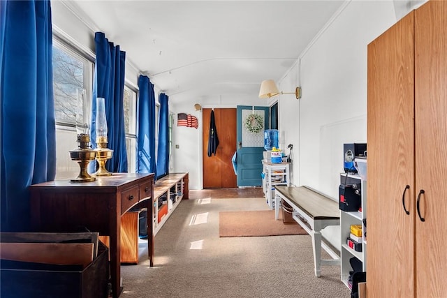 hallway with carpet flooring and lofted ceiling