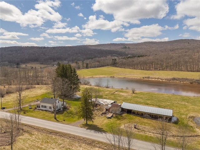 aerial view featuring a water view and a rural view