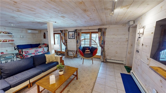 6761 State Highway 80, Otsego, NY 13326 - living area featuring a baseboard radiator, wood walls, wood ceiling, light tile patterned flooring, and a wall unit AC