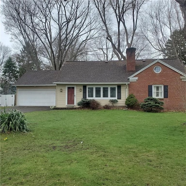 view of front facade featuring a chimney, driveway, a garage, and roof with shingles
