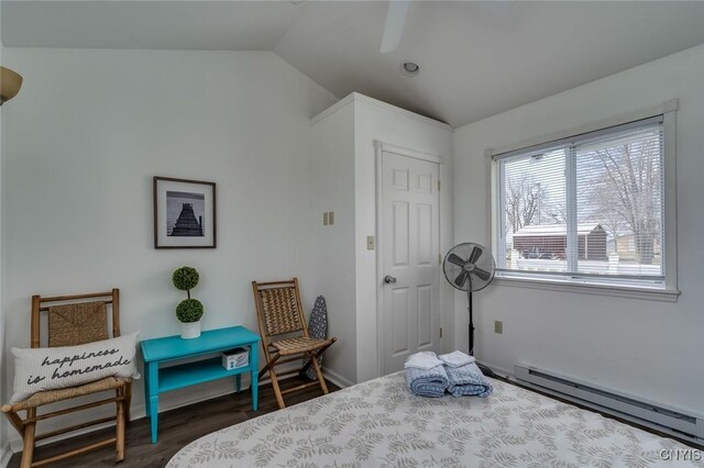 27180 Montonna Shores Rd N, Lyme, NY 13693 - bedroom featuring a baseboard heating unit, vaulted ceiling, a ceiling fan, and wood finished floors