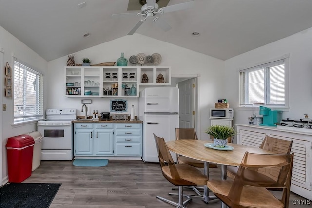 27180 Montonna Shores Rd N, Lyme, NY 13693 - kitchen with a sink, lofted ceiling, a ceiling fan, white appliances, and open shelves