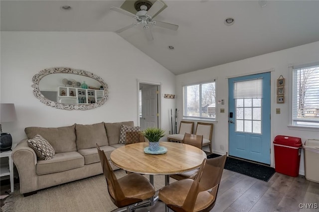 27180 Montonna Shores Rd N, Lyme, NY 13693 - dining space featuring lofted ceiling, wood finished floors, recessed lighting, and ceiling fan