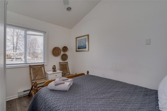 27180 Montonna Shores Rd N, Lyme, NY 13693 - bedroom featuring vaulted ceiling, wood finished floors, and a baseboard radiator