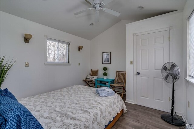 27180 Montonna Shores Rd N, Lyme, NY 13693 - bedroom featuring dark wood-type flooring, lofted ceiling, and ceiling fan