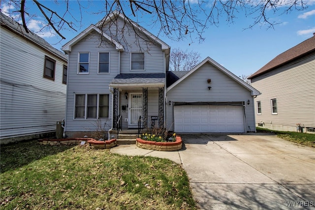 traditional-style home with an attached garage, a shingled roof, and concrete driveway