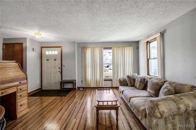 living room with a textured ceiling, wood finished floors, a wealth of natural light, and baseboards