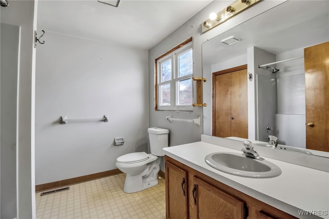 full bath featuring tile patterned floors, vanity, a shower, toilet, and visible vents