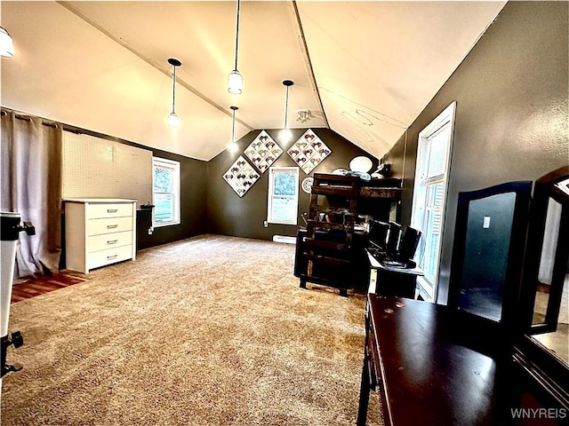 office space featuring lofted ceiling and carpet floors