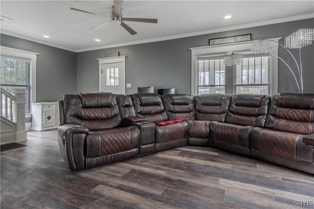 22 Bridge St, Champion, NY 13619 - living area featuring ceiling fan, crown molding, dark wood-type flooring, and recessed lighting