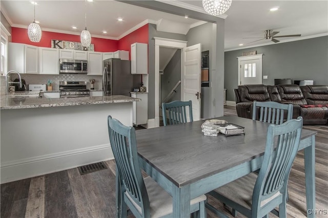 22 Bridge St, Champion, NY 13619 - dining area featuring visible vents, wood finished floors, recessed lighting, and crown molding