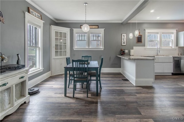 22 Bridge St, Champion, NY 13619 - dining area with baseboards, ornamental molding, dark wood-type flooring, and recessed lighting