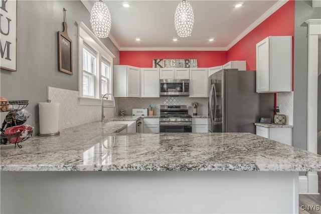 22 Bridge St, Champion, NY 13619 - kitchen featuring backsplash, light stone counters, a chandelier, and stainless steel appliances