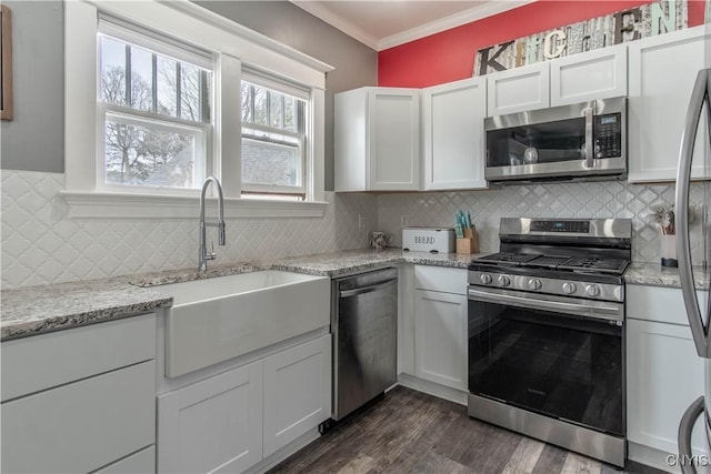 22 Bridge St, Champion, NY 13619 - kitchen featuring stainless steel appliances, backsplash, ornamental molding, a sink, and dark wood-type flooring