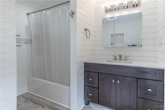 22 Bridge St, Champion, NY 13619 - bathroom with shower / bath combination with curtain, ornamental molding, vanity, and wood finished floors