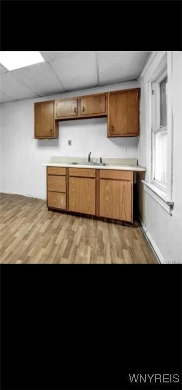 kitchen with light wood-type flooring, a sink, brown cabinets, and light countertops