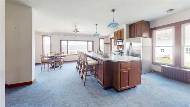 4501 State Route 414, Hector, NY 14818 - kitchen featuring radiator, a center island with sink, carpet, baseboards, and appliances with stainless steel finishes