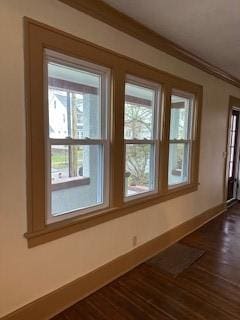 interior space featuring dark wood-type flooring and baseboards